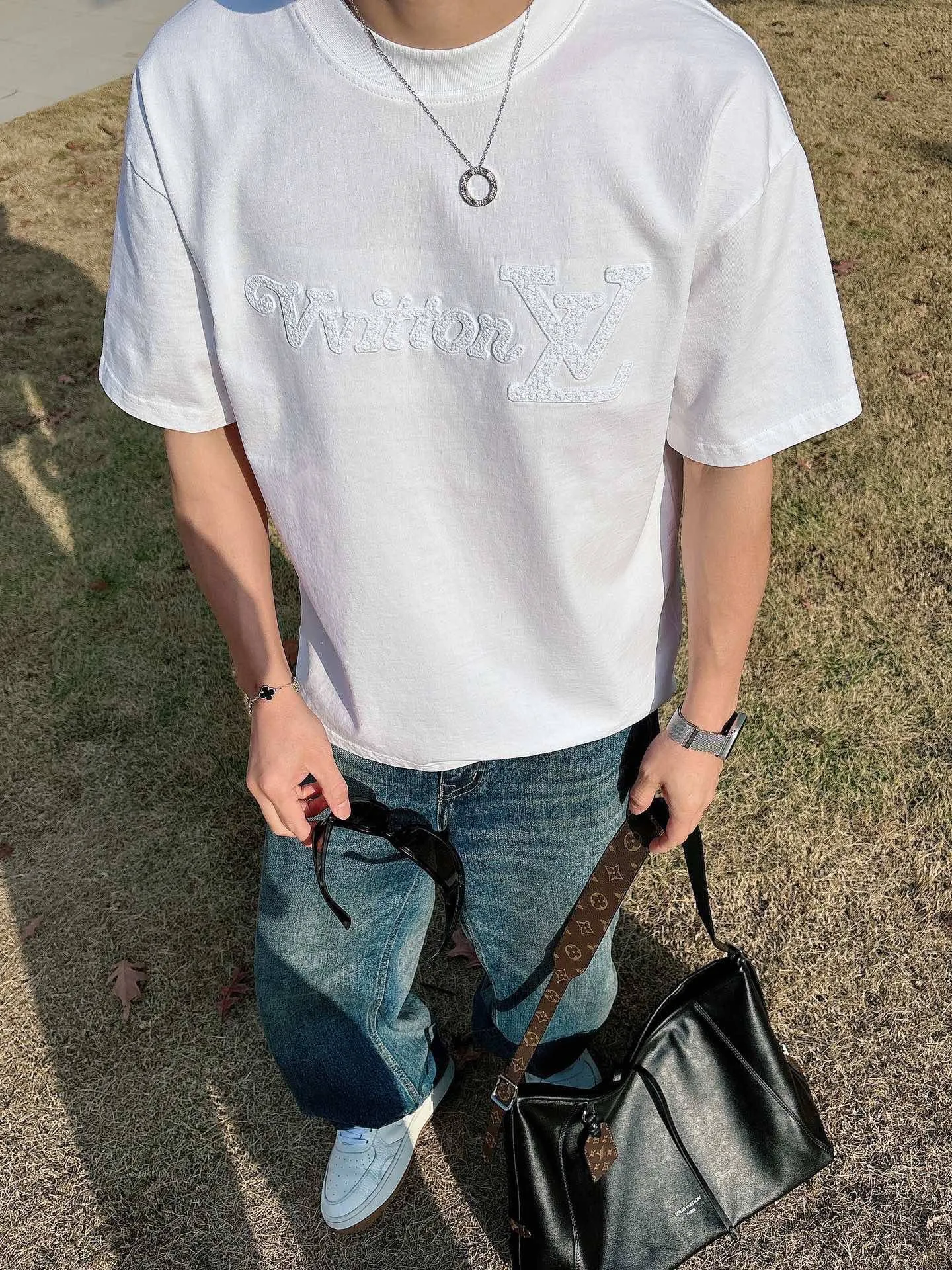 Louis Vuitton/Louis Vuitton 26ss woven letter embroidered short sleeves